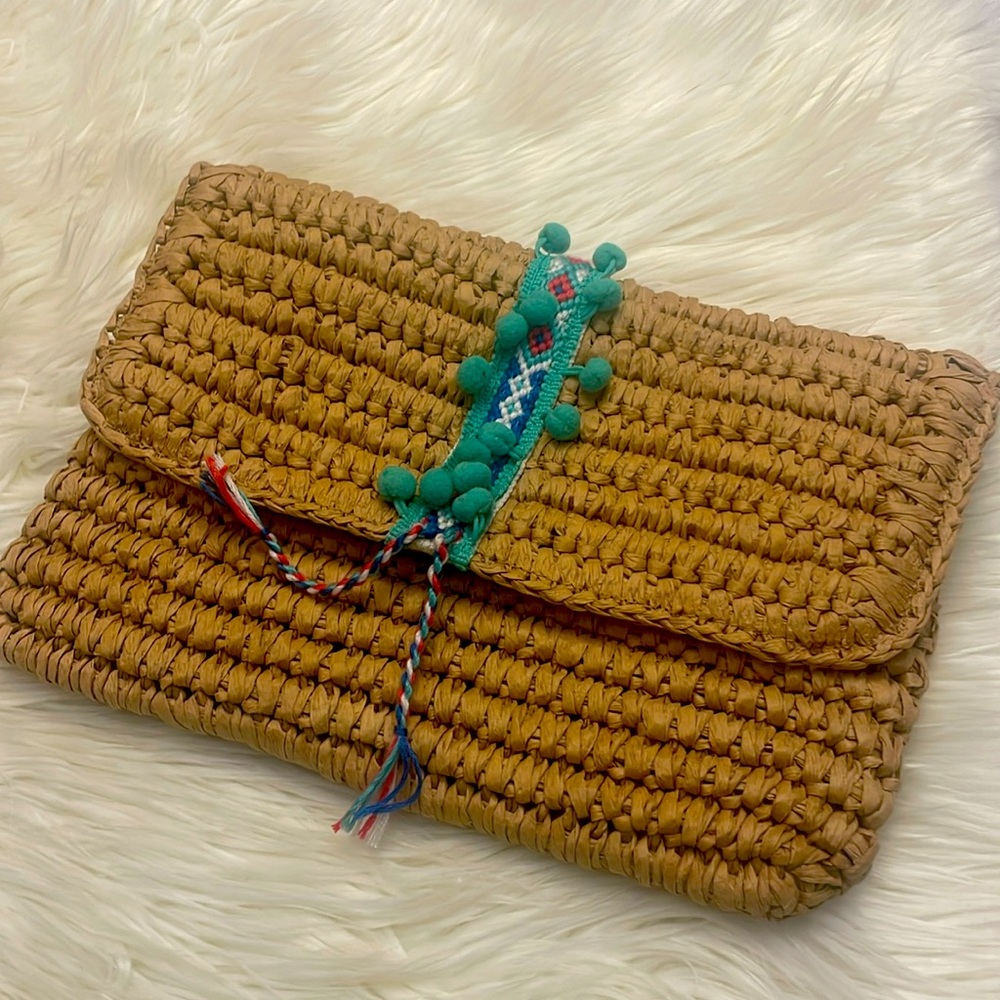 Fallon and Royce Reese Fold over Straw Clutch.New Without Tag